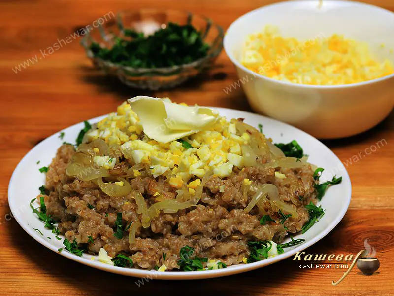 Wheat porridge with onion and egg - recipe with photo, main course