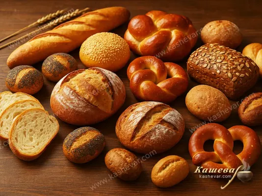 Different types of bread and buns on the table
