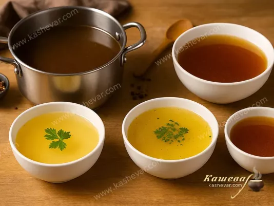 Different types of broths in deep bowls and pots
