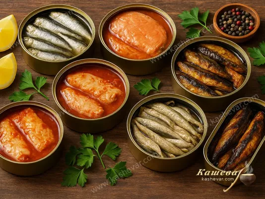 Assortment of canned fish in jars