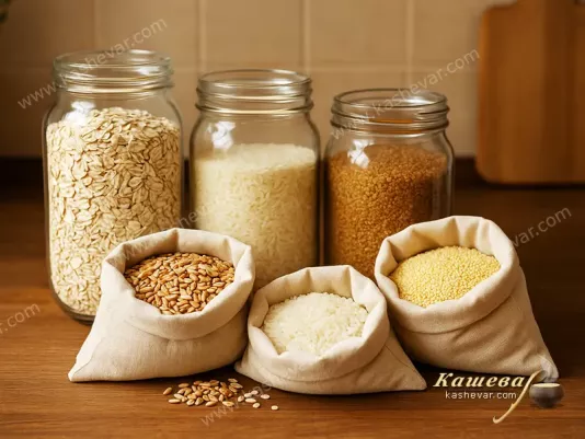 Different types of cereals and grains in bags and glass jars