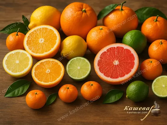 Juicy citrus fruits on the kitchen table