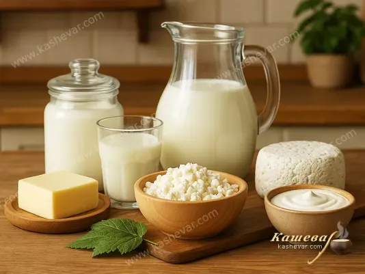 Different types of dairy products on a kitchen table