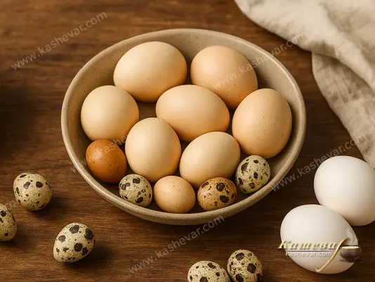 Different types of eggs on the kitchen table