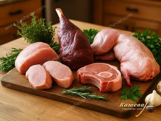 Various types of meat on a wooden board: rabbit, game, and other cuts