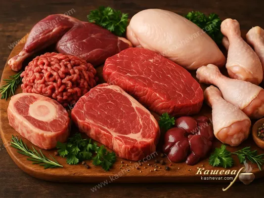Разные виды мяса, птицы и субпродуктов на деревянной доске с зеленью и специями