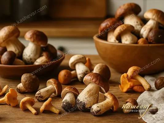 Свежие лесные грибы на кухонном столе
