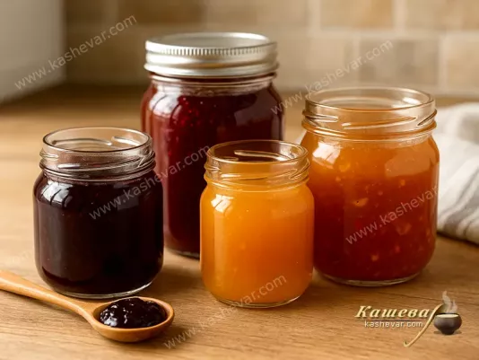 Jars of jam, jelly, and fruit spreads