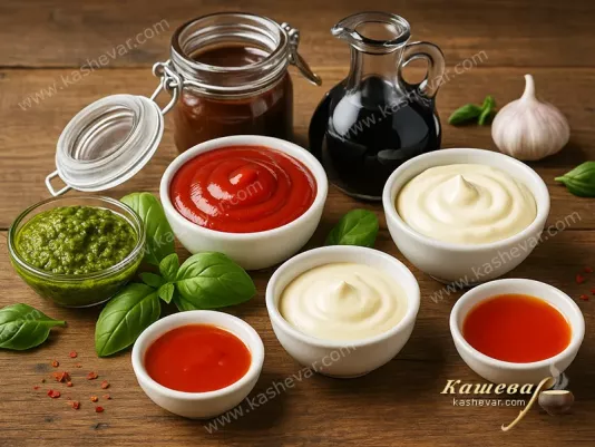 Various sauces in jars and gravy boats