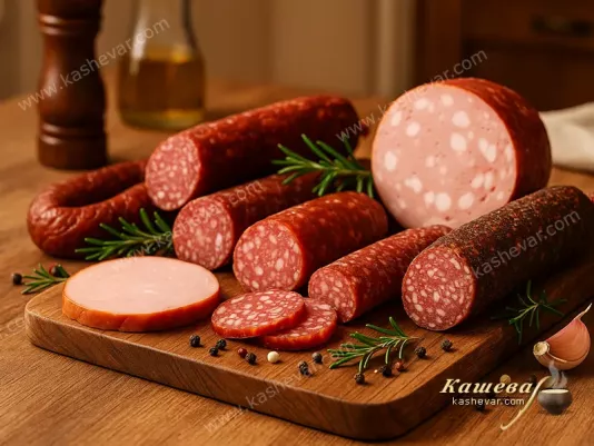 Different types of sausages and smoked meats on a wooden board