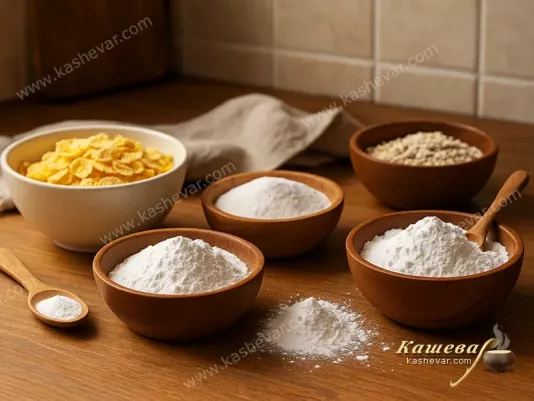 Different types of starches and flakes in bowls