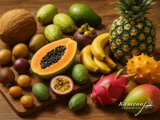 Ripe tropical and exotic fruits on the table