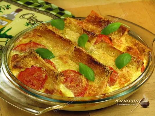 Focaccia and tomato gratin - recipe with photo, italian cuisine