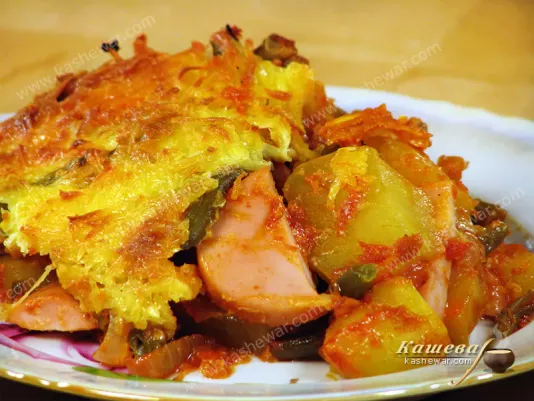 Vegetable casserole with thick frankfurter sausages - recipe with photo, German cuisine