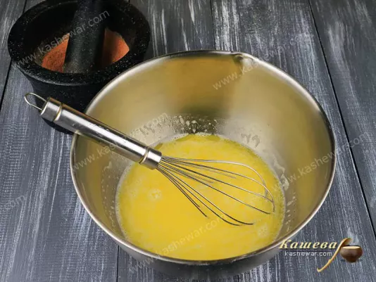 In a bowl, butter, milk and yeast are mixed