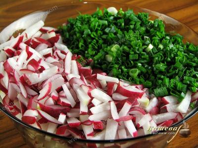 Sliced radishes and green onions